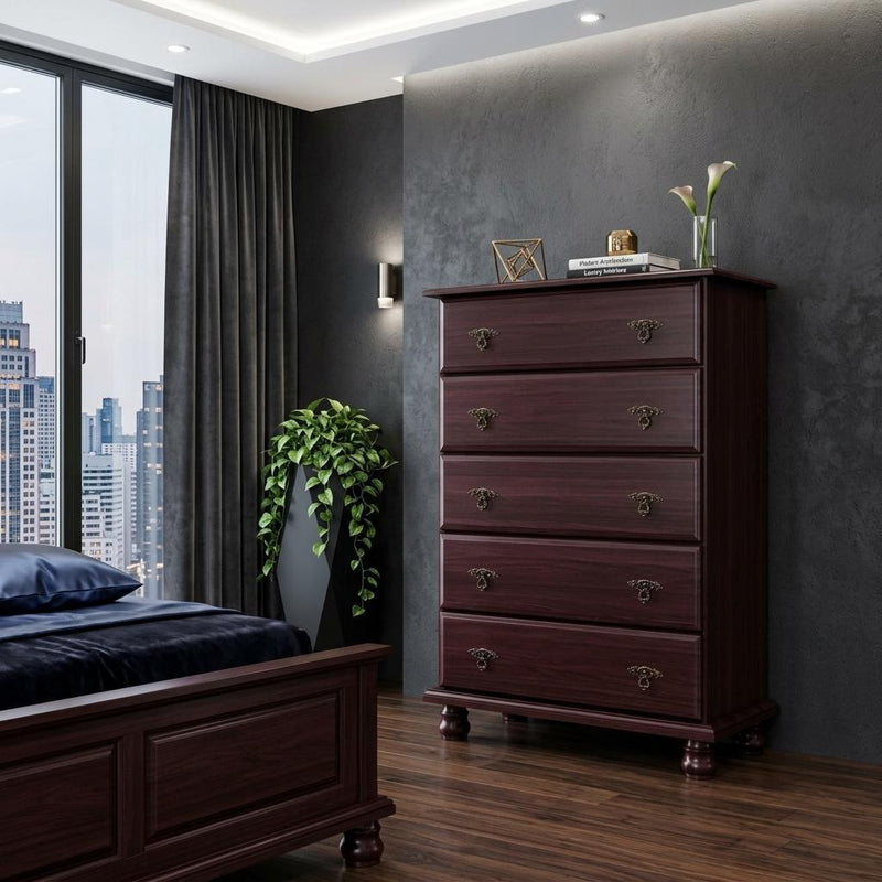Solid Wood Five Drawer Dresser (760734) - Dark Brown