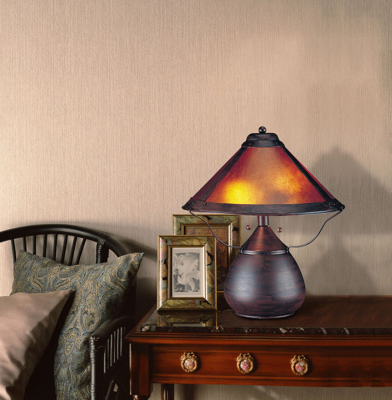 Metal Two Light Round Table Lamp With Amber Empire Shade - Rust
