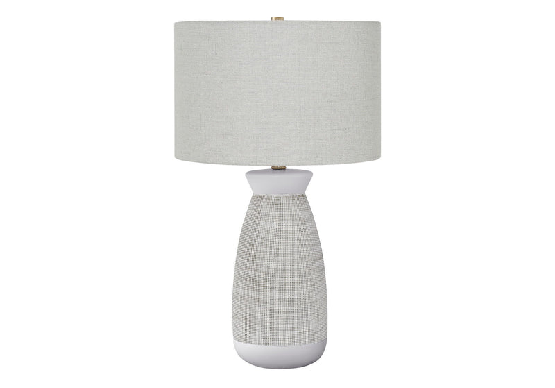 Ceramic Round Table Lamp With Gray Drum Shade - Gray And White