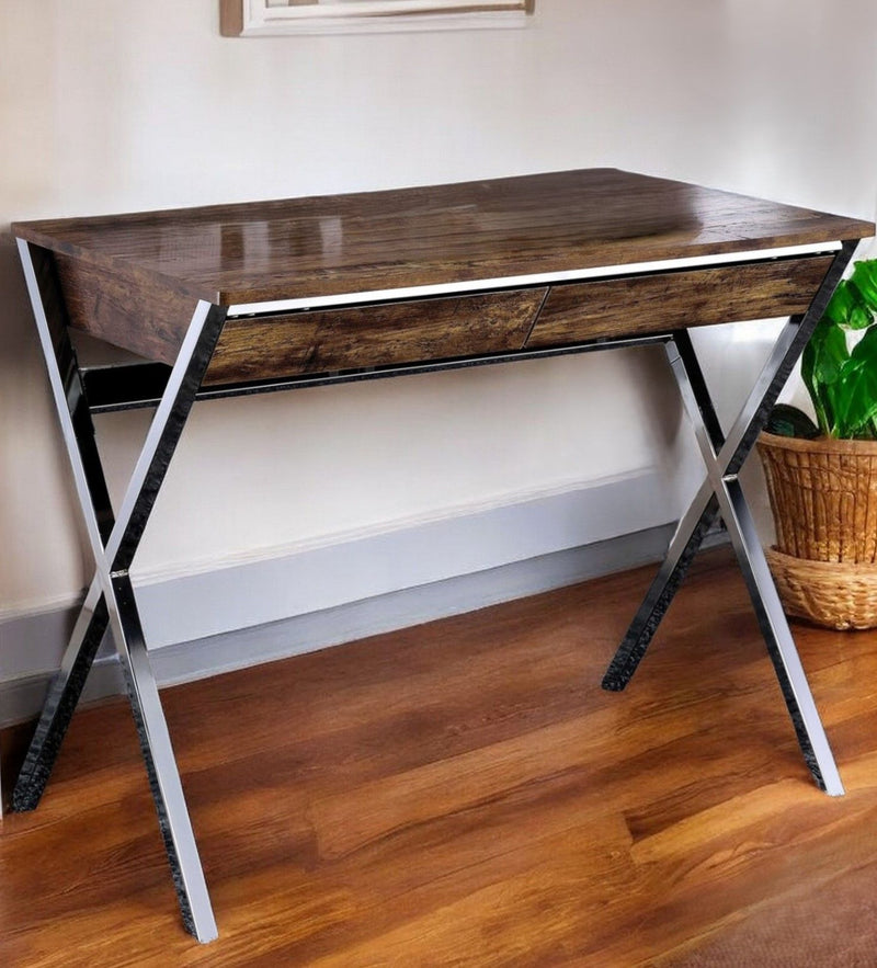 Writing Desk With Two Drawers - Brown And Silver