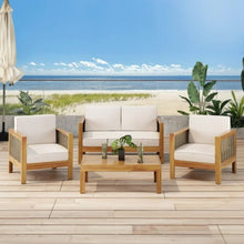 Load image into Gallery viewer, Outdoor 4 Seater Acacia Wood Chat Set With Wicker Accents And Cushions - Teak / Mixed Brown / Beige
