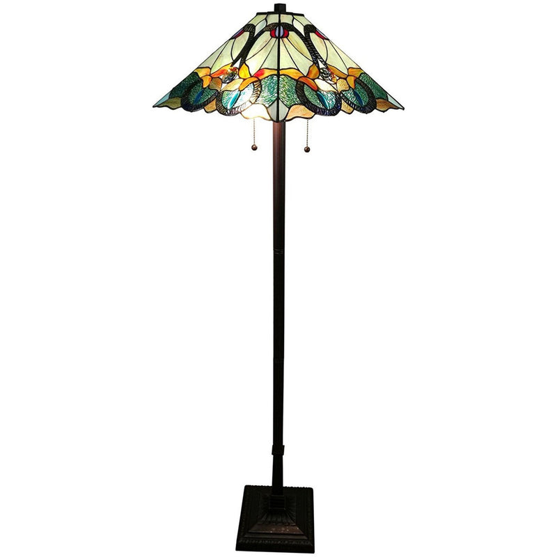 Two Light Traditional Shaped Floor Lamp With Brown And Blue Stained Glass Cone Shade - Brown