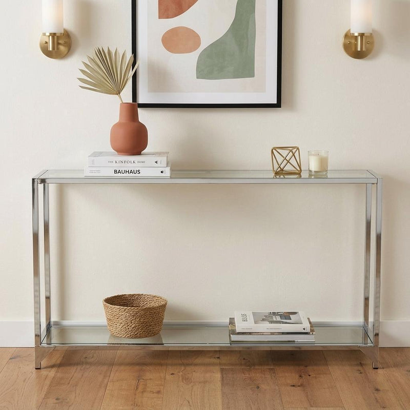 Clear And Glass And Iron Frame Console Table With Shelf - Silver