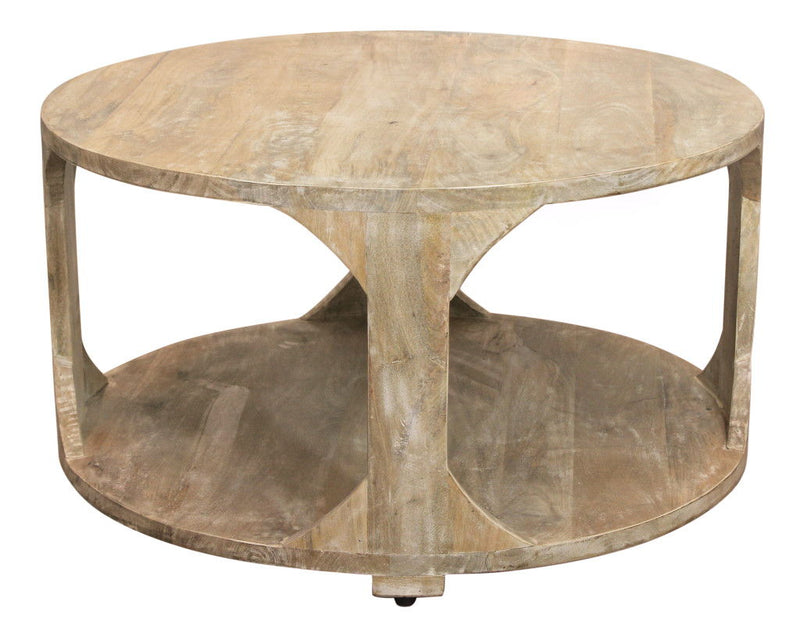 34" Solid Wood Round Distressed Floor Shelf Coffee Table With Shelf - Natural