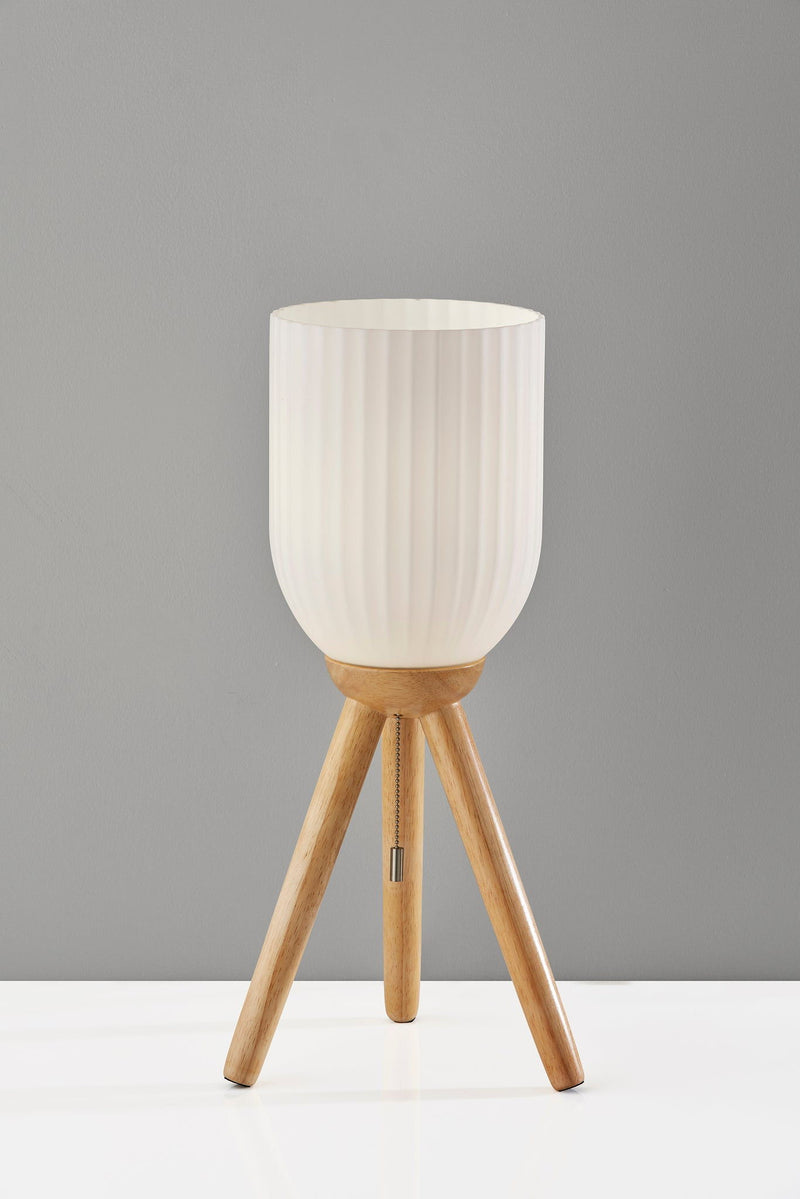 Solid Wood Tripod Table Lamp With White Ribbed Glass Shade - Natural