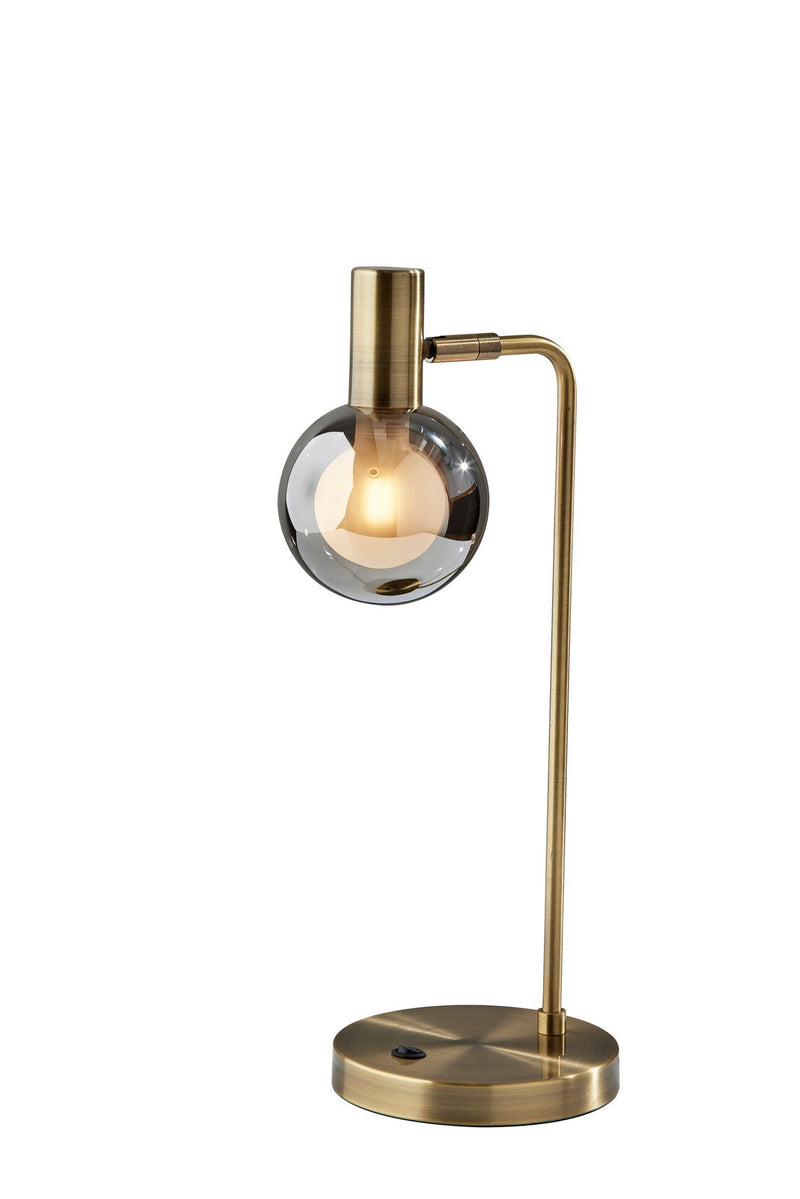 Metal Cylinder Desk Table Lamp With Gray Globe Shade With Starling LED Bulb - Antiqued Brass