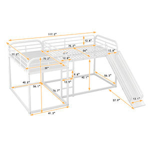 Full and Twin Size L-Shaped Bunk Bed with Slide and Short Ladder, White