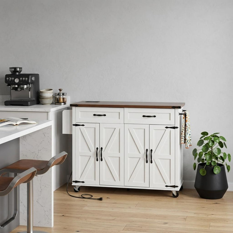 Brown And Wood Flat Door Rolling Kitchen Cart With USB - White