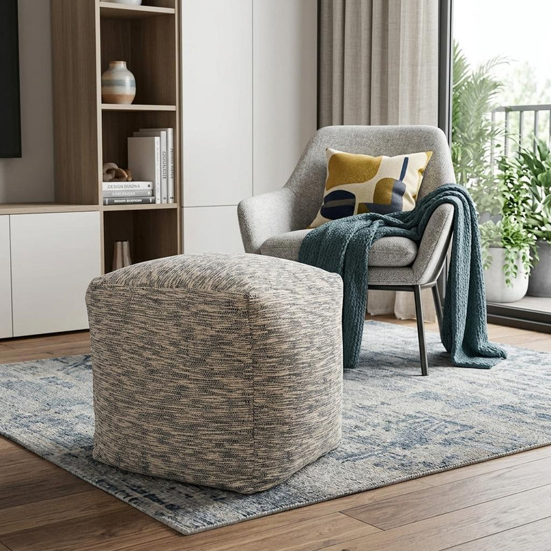 Cotton Blend Striped Cube Pouf Ottoman - Blue And Ivory