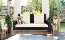 Load image into Gallery viewer, GO 2-Person Wicker Hanging Porch Swing with Chains, Cushion, Pillow, Rattan Swing Bench for Garden, Backyard, Pond. (Brown Wicker, Beige Cushion)

