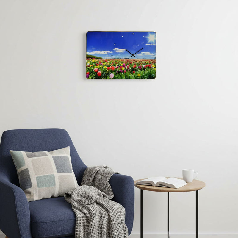 Silent Tulips Floral Wall Clock - Blue / Gold / Red