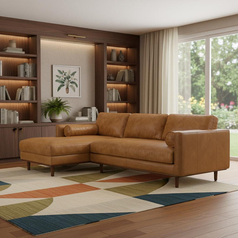 Mid-Century Sienna Leather Sofa With Brown Legs - Brown