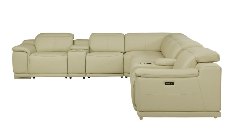 Italian Leather Power Reclining Eight Piece Corner Sectional With Console - Beige