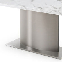 Load image into Gallery viewer, 72" Marble And Stainless Steel Pedestal Base Dining Table - Gray / White
