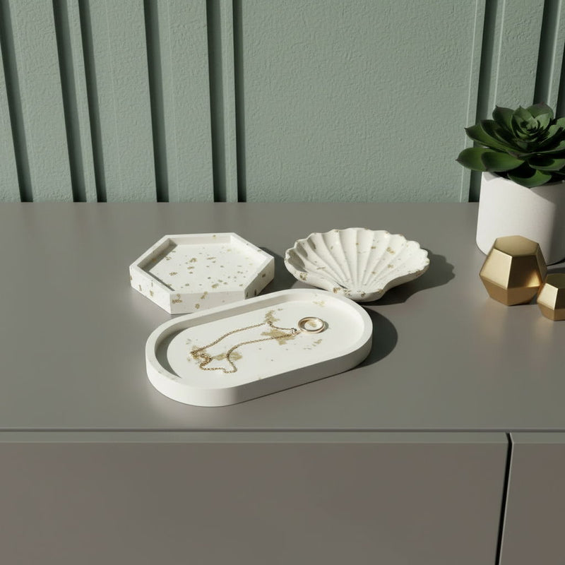 Resin Handmade Trinket Trays (Set of 3) - Gold / White