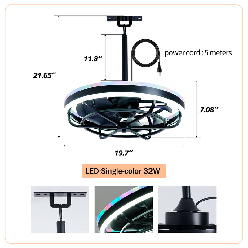 Ceiling Fan Light LED Light Source And Remote Control, 3000 - 6500K Dimmable LED Fan Light, 6 Speeds, For Living Room - Matte Black