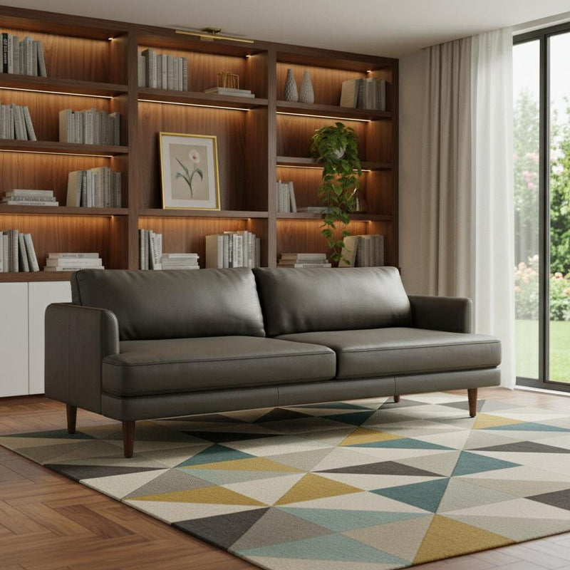 76" Leather Sofa With Brown Legs - Black