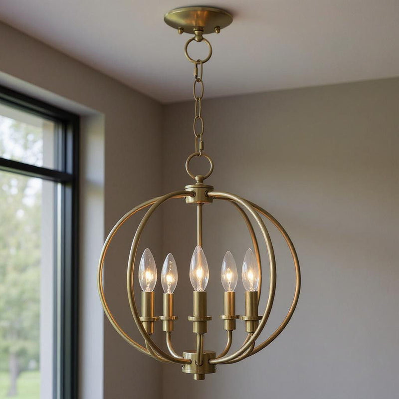 15" Five Light Dimmable Chandelier With Shades - Antiqued Brass