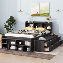 Load image into Gallery viewer, Bed With Bookcase Headboard, Under Bed Storage Drawers And Bed End Storage Case
