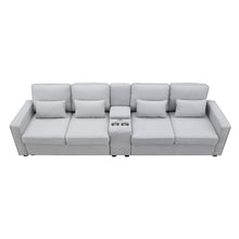 Load image into Gallery viewer, [VIDEO provided] [New] 114.2&quot; Upholstered Sofa with Console, 2 Cupholders and 2 USB Ports Wired or Wirelessly Charged, Modern Linen Fabric Couches with 4 Pillows for Living Room, Apartment (4-Seat)
