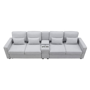 [VIDEO provided] [New] 114.2" Upholstered Sofa with Console, 2 Cupholders and 2 USB Ports Wired or Wirelessly Charged, Modern Linen Fabric Couches with 4 Pillows for Living Room, Apartment (4-Seat)