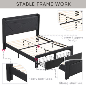 Queen Size Bed Frame with 2 Storage Drawers, Upholstered Bed Frame with Wingback Headboard Storage Shelf Built-in USB Charging Stations and Strong Wood Slats Support, No Box Spring Needed, Dark Gray