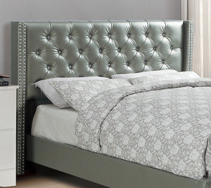 Queen Size Bed 1pc  Bed Set Silver Faux Leather Upholstered Tufted Bed Frame Headboard Bedroom Furniture