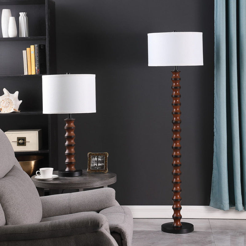 Resin Floor Lamp With White Fabric Drum Shade - Brown / White