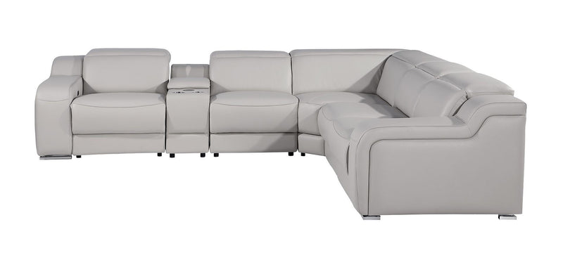 Italian Leather Power Reclining Curved Six Piece Corner Sectional With Console - Light Gray