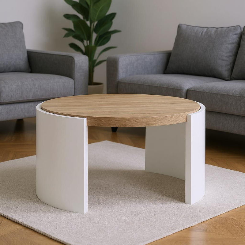 33" Wood Round Partial Frame Coffee Table - Oak And White