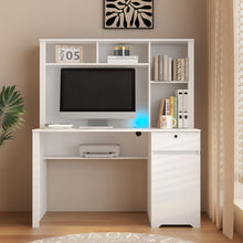 Load image into Gallery viewer, Computer Desk With Hutch &amp; Bookshelf, Wood Executive Desk Teens Student Desk Writing Laptop Home Office Desk With Drawers, 3 Ac Outlets And 2 USB Charging Ports, Study Laptop Table For Home - White
