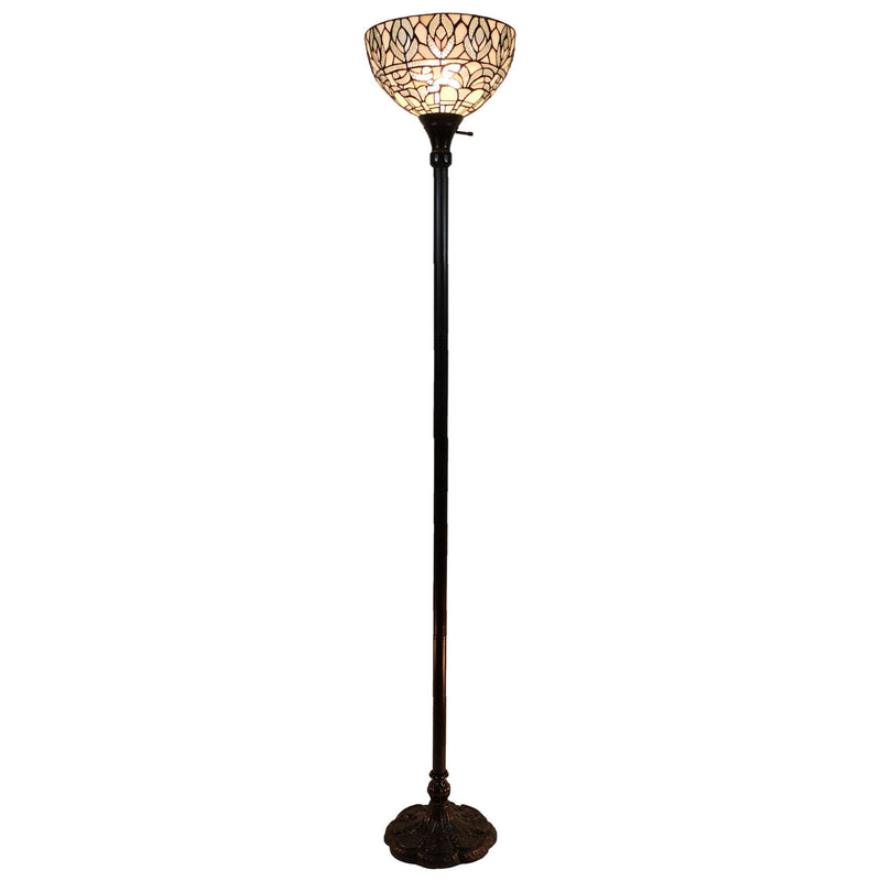 Traditional Shaped Floor Lamp With White Peacock Feather Stained Glass Dome Shade - Brown