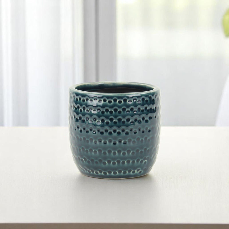 Dotted Round Pot Planter - Teal Blue