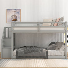 Load image into Gallery viewer, Twin over Twin Floor Bunk Bed, Ladder with Storage, Gray
