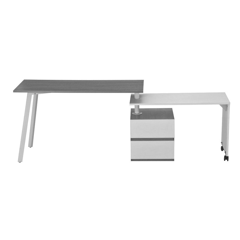 L Shape Rolling Pedestal Computer Desk With Two Drawers - Gray / White