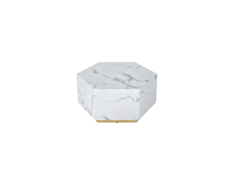 35" Faux Marble Hexagon Drum Coffee Table - White And Gold