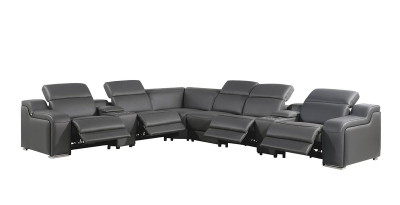 Italian Leather Power Reclining Curved 8 Piece Corner Sectional With Console - Gray