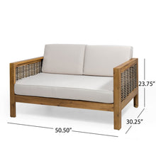 Load image into Gallery viewer, Outdoor 4 Seater Acacia Wood Chat Set With Wicker Accents And Cushions - Teak / Mixed Brown / Beige
