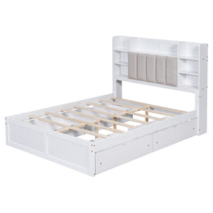 Multi-functional Full Size Bed Frame with 4 Under-bed Portable Storage Drawers and Multi-tier Bedside Storage Shelves, White