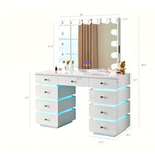 Load image into Gallery viewer, LED Lighted Makeup Vanity Desk With 15 Bulbs Mirror, RGB Light Drawers, 9 Drawers Dressing Table For Bedroom - Gloss White
