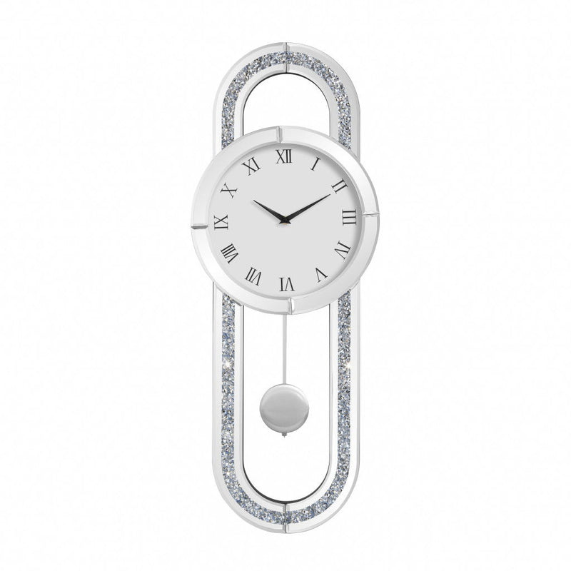 Mirrored Silent Analog Oval Wall Clock - Silver