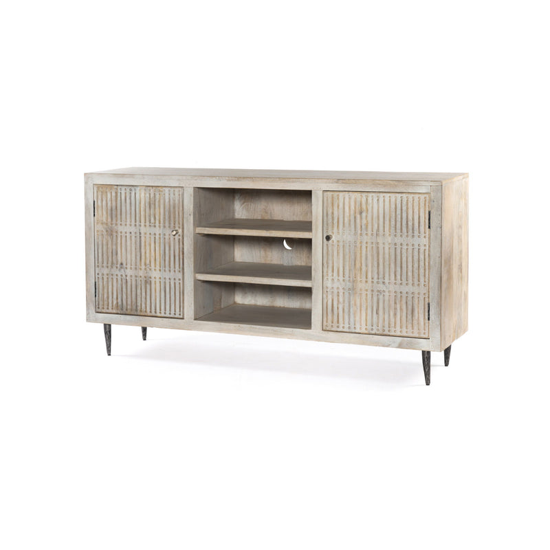 60" Carved Geometric Distressed Solid Wood Enclosed And Open Storage TV Stand - Ivory