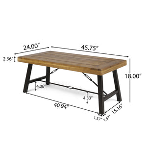 Outdoor Acacia Wood Coffee Table, Teak Finish / Rustic Metal Brown and Black, 27.25"D x 45.75"W x 18"H