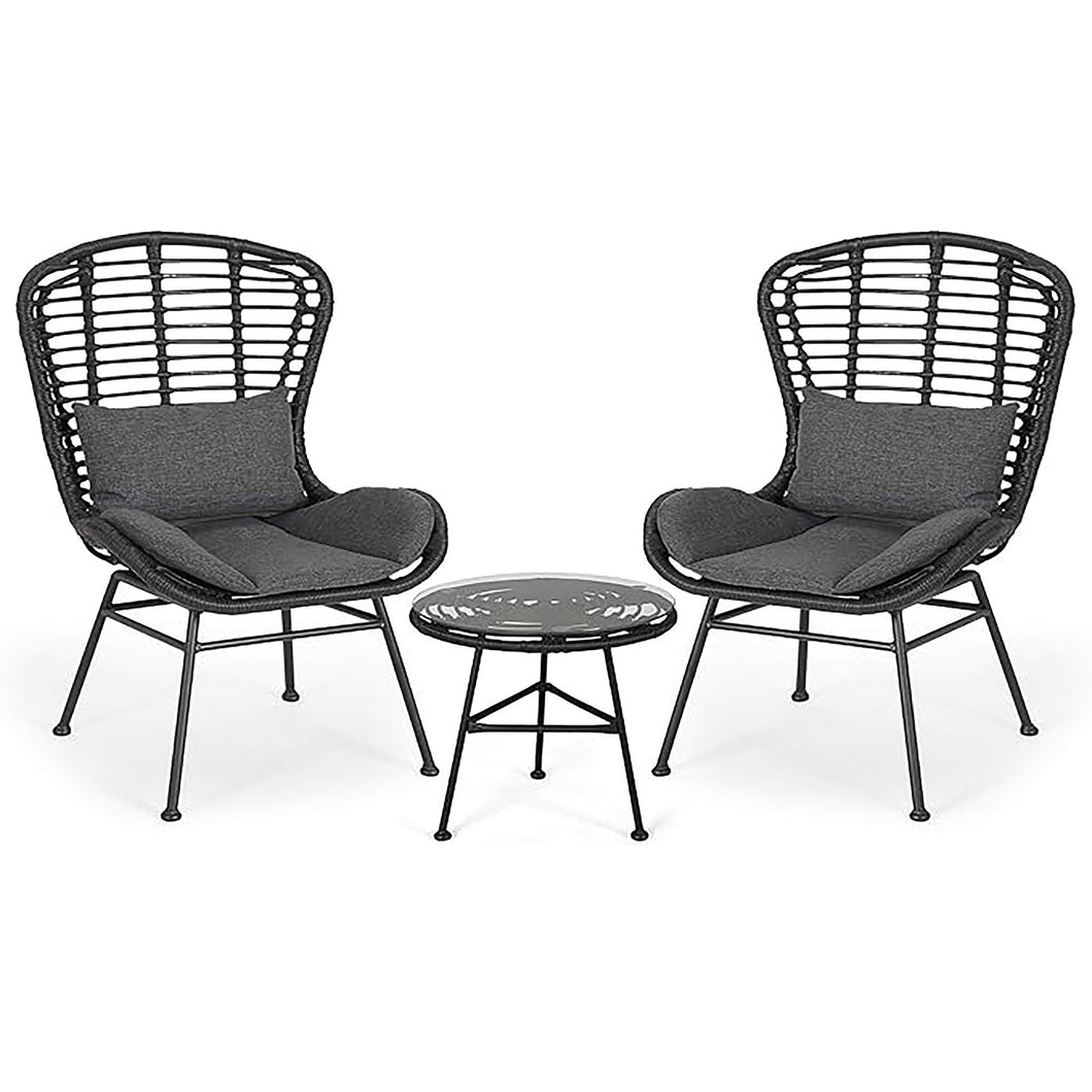 Cowan - Outdoor Wicker And Glass 3 Piece Chat Set With Cushions - Gray