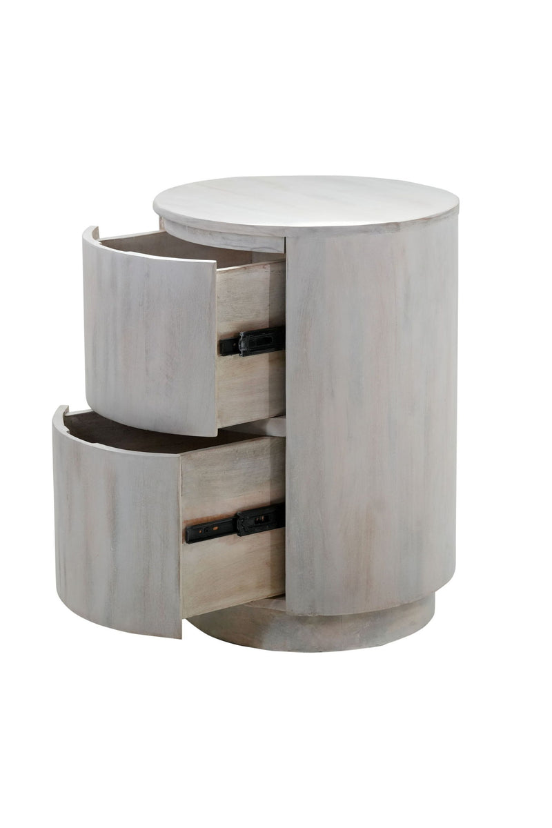 24" Solid Wood Round Drum End Table With Two Drawers - White