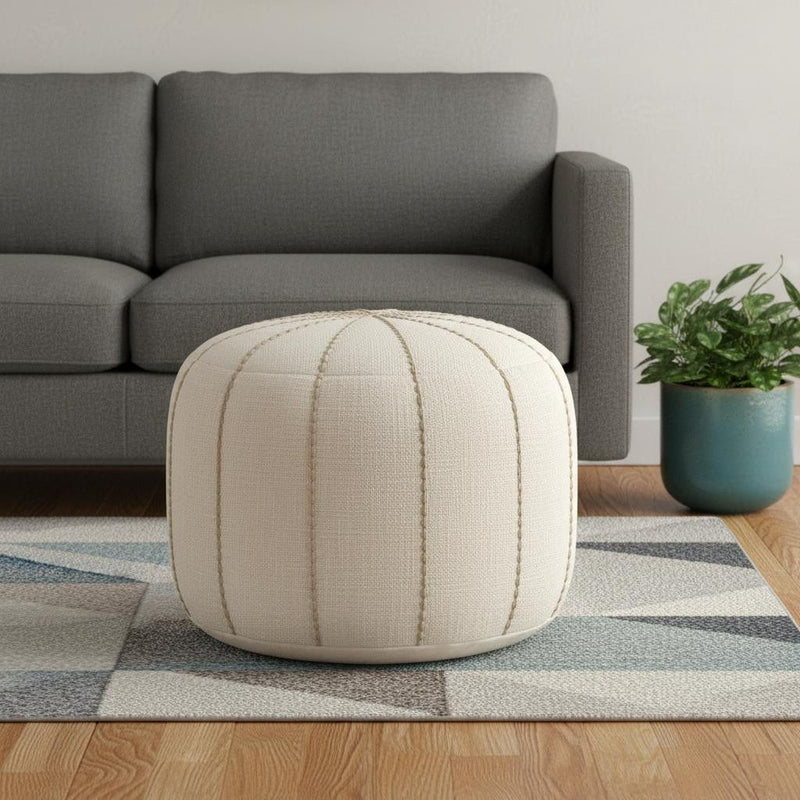 Fabric Striped Round Pouf Ottoman - Beige / Taupe
