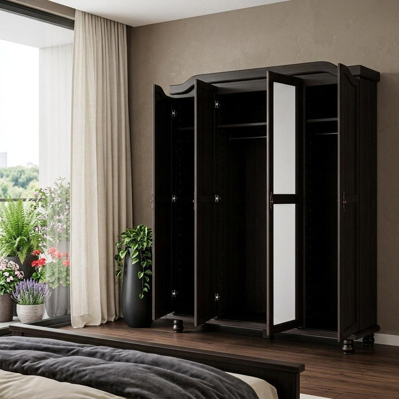 Solid Wood Mirrored Four Door Combo Dresser - Espresso