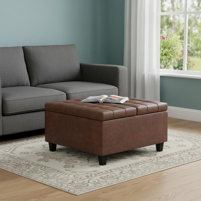 Leather Transitional Cocktail Ottoman With Storage - Brown