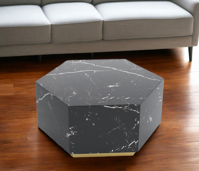 35" Faux Marble Hexagon Drum Coffee Table - Black And Gold