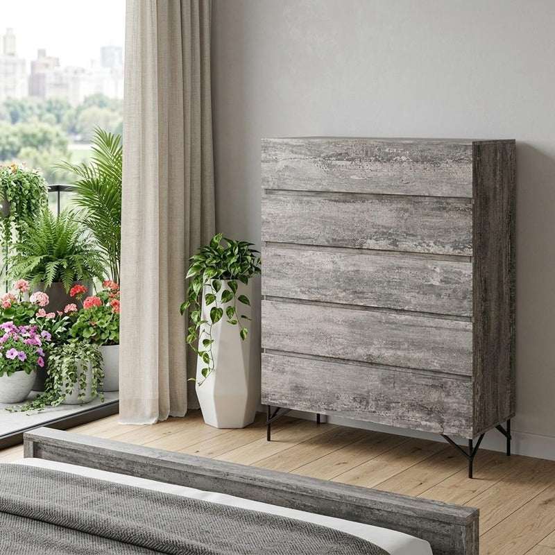 Wood Five Drawer Dresser - Black And Gray